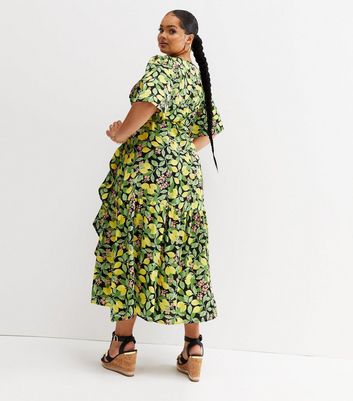 Sunny Days Black Lemon Satin Midi Wrap Dress | New Look